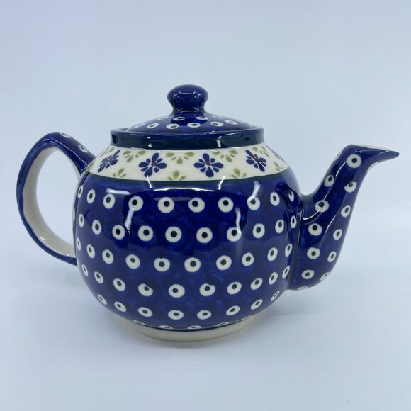 vintage boleslawiec polish pottery tea pot "blue daisy" pattern handcrafted - Picture 3 of 7